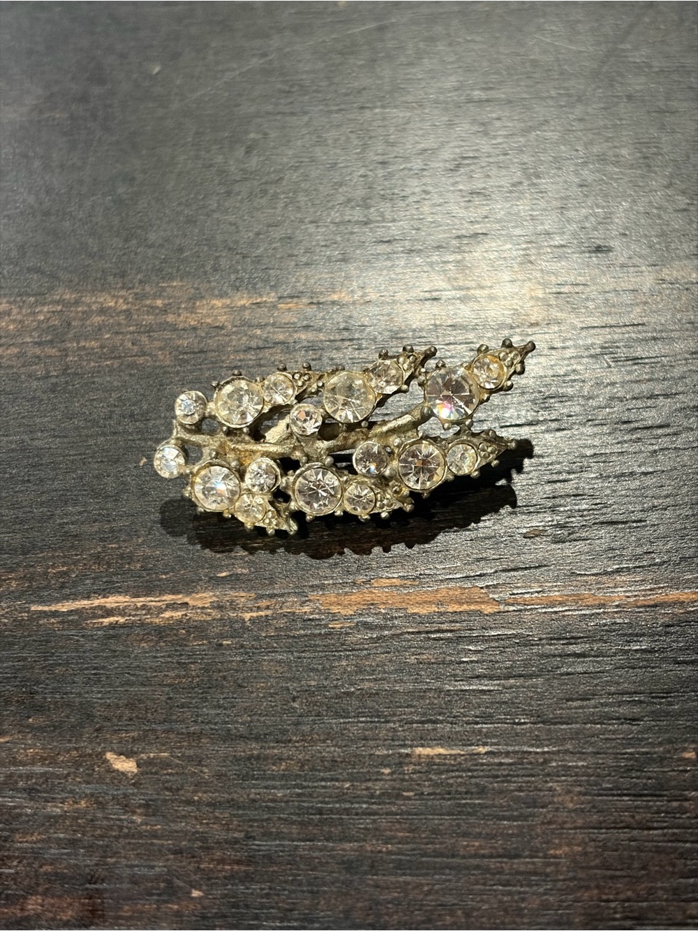 Silver leaf brooch with rhinestones